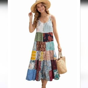 Jessica Taylor Patchwork Boho Sun Dress One Size Multicolor Smocked Floral